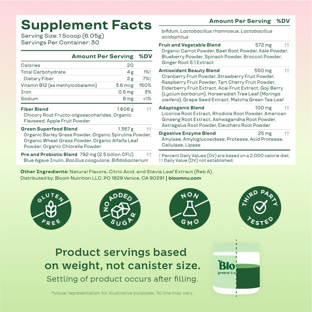 Pre-Order | Arrives in 5–10 Days – 
Bloom Nutrition Greens and Superfoods Powder for Digestive Health, Greens Powder, Digestive Enzymes, Probiotics, Spirulina, Chlorella for Bloating & Gut Support, Green Juice, 30 SVG, Strawberry Kiwi
