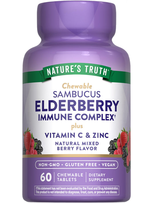 Nature's Truth Elderberry Immune Complex | 60 Chewable Tablets | Plus Vitamin C & Zinc | Mixed Berry | Vegan, Non-GMO, & Gluten Free Supplement