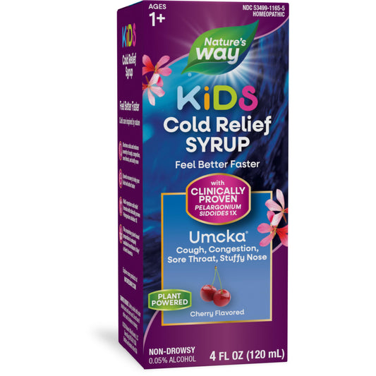 Nature's Way Cold Relief Syrup for Kids 1+, Umcka, Shortens Duration & Reduces Severity, Multi-Symptom Cold Relief, Homeopathic, Phenylephrine Free, Cherry Flavored, 4 Fl Oz (Packaging May Vary)