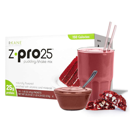 R-Kane Nutritionals Z-Pro Red Velvet Protein Drink Mix - High Protein, Low Calorie Low Fat Shake and Pudding Mix - Meal Replacement, On-The-Go Packets - Breakfast Boost - 25g Protein - 14 Packets