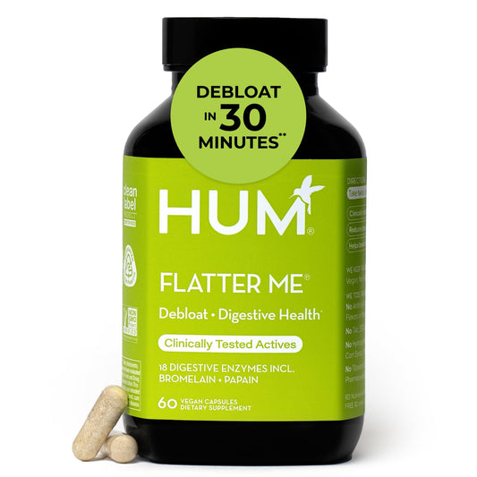 HUM Flatter Me Digestive Enzymes Bloating Supplement - Fast-Acting Bloat Relief for Digestive Health & Debloating Multi Enzyme | Bloat Pills, Anti Bloat Pills, Vegan 60 Servings