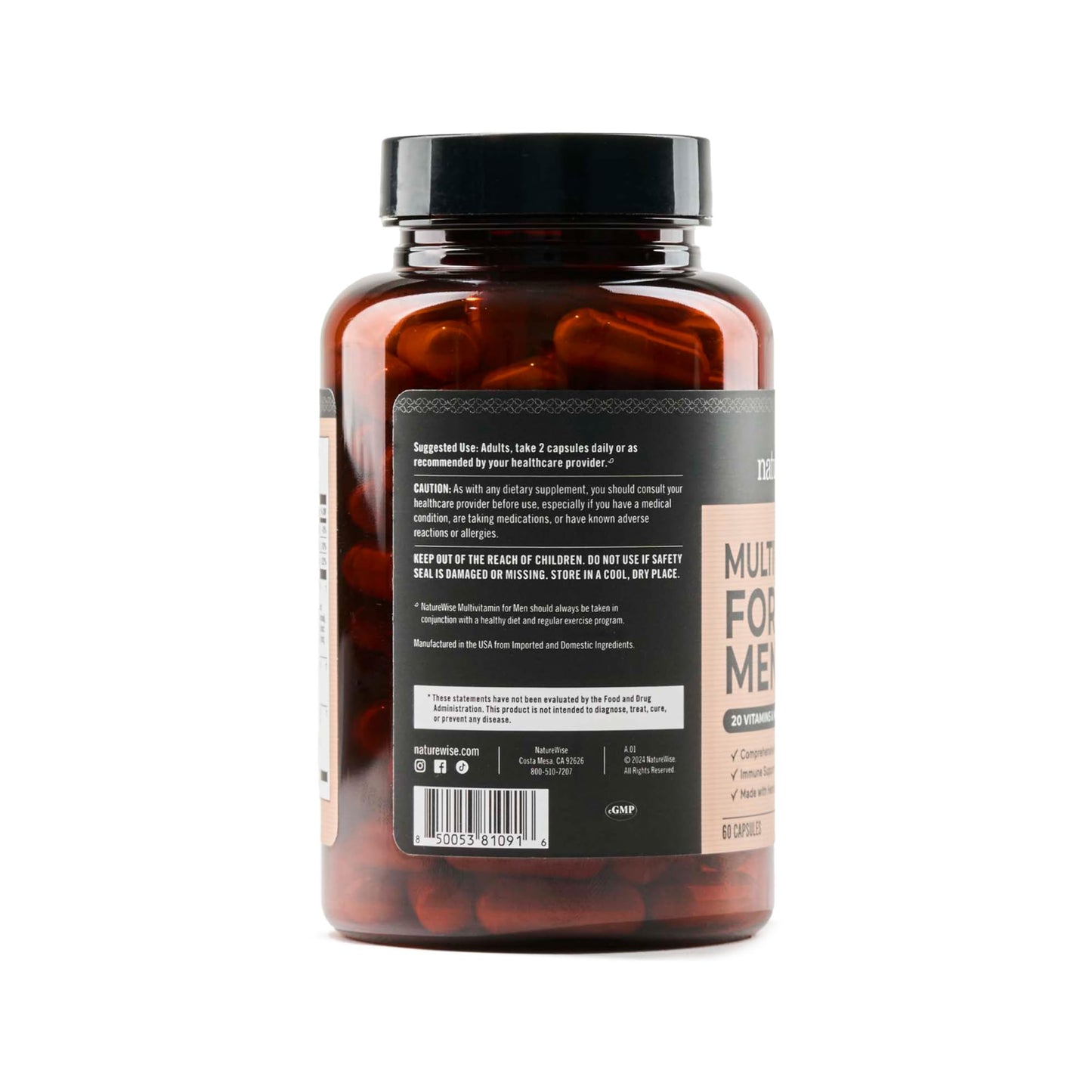 NatureWise Multivitamin for Men - Daily Male Support - Minerals & Herbs for Energy, Performance, Immunity - with Vitamin A, C, D, B-Complex - Soy & Gluten-Free, Non-GMO - 60 Capsules[1-Month Supply]