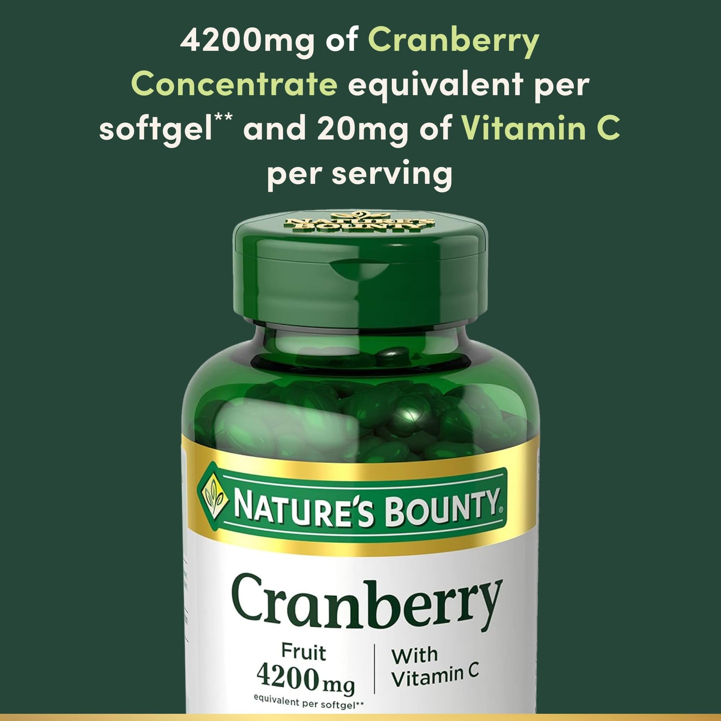 Nature's Bounty Cranberry 4200mg With Vitamin C, Urinary Health & Immune Support, Cranberry Concentrate, 250 Rapid Release Softgels