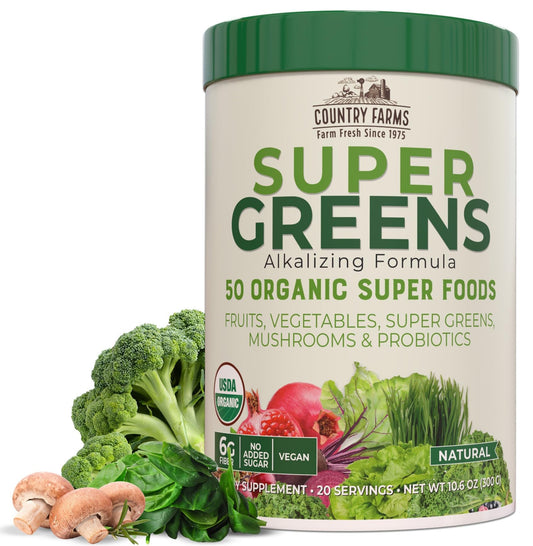 Pre-Order | Arrives in 5–10 Days – COUNTRY FARMS Organic Super Greens Natural Flavor, 50 Organic Super Foods, Packed with Fiber, USDA Organic Drink Mix, Fruits, Vegetables, Mushrooms & Probiotics, Supports Energy, 6g Fiber
