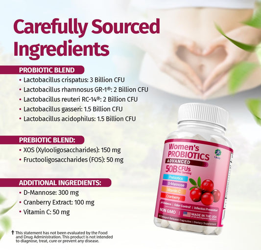 1 Body Women's Probiotic Supplement, 50 Billion CFU, Vaginal and Digestive Health Support, 60 Vegan Capsules