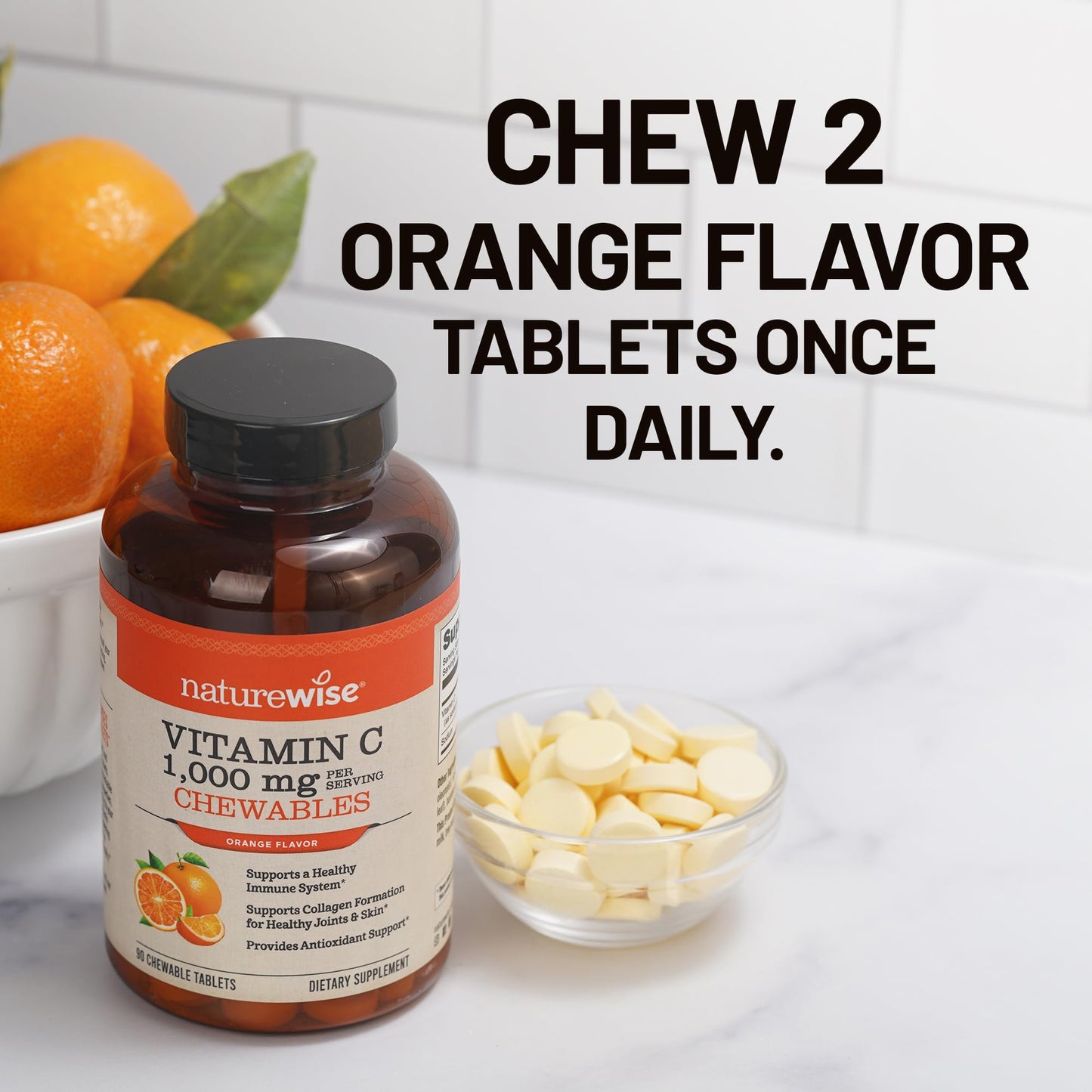 NatureWise Extra Strength Vitamin C Chewable 1000mg for Adults - Natural Orange Flavor - Immune System & Antioxidant Support - Non-GMO, Vegan & Sugar Free - 200 Chewable Tablets[100-Day Supply]
