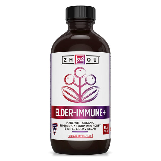 Zhou Nutrition Elder-Mune+ Syrup - Organic Black Elderbery Syrup for Adults, Immune Support Elixir with Apple Cider Vinegar, Echinacea Tincture, Natural Wellness - 8 Fl Oz Glass Bottle