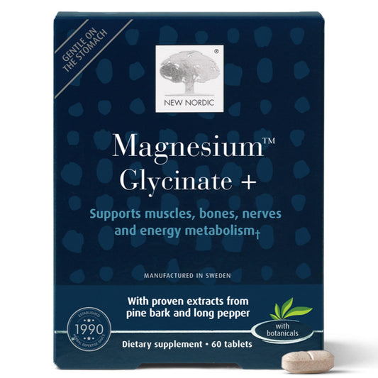 New Nordic Magnesium Glycinate, 220 mg Maximum Absorption Tablets with Pine Bark & Long Pepper, Gentle on Stomach for Women & Men, 30 Servings