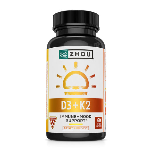 Zhou D3+K2 - Vitamin D3 K2 Supplement for Women & Men, Immune Support Vit D3 and K2 Supplements, Pure Vegetarian Formula with 5000 IU of D3 and MK-7 - 60 Veggie Capsules (Pack of 1)