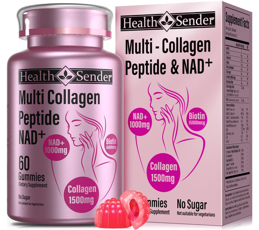 HealthSender Hydrolyzed Collagen Peptide Filled Gummies, 1500mg Protein Type I,II,III,V,X,1000mg NAD 15000mcg Biotin Supplement for Sugar-Free Man&Woman,AI-Fomular HCL for Skin,Hair,Nails