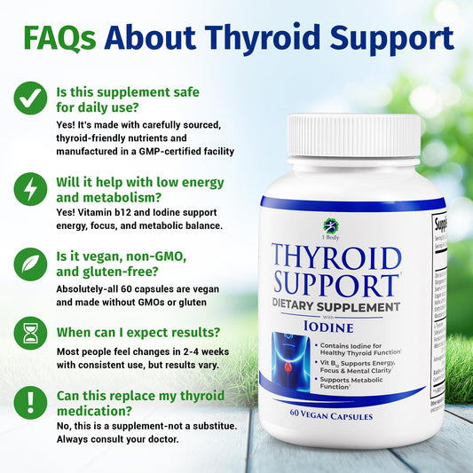 1 Body Thyroid Support Supplement with Iodine, B12, Zinc, Selenium, Ashwagandha, Non-GMO, Vegetarian, 30 Day Supply