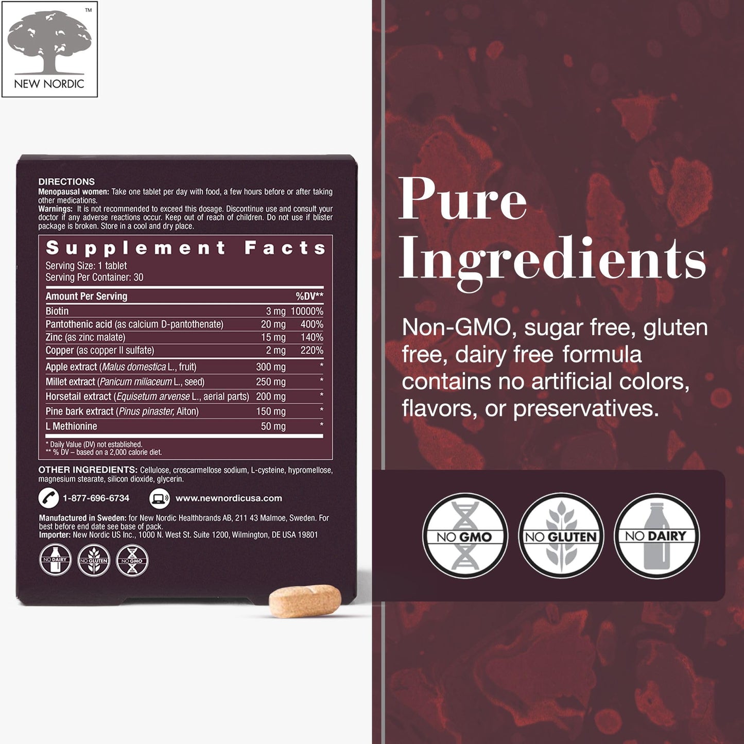 New Nordic Hair Volume Menopause, Supports Healthy Hair Growth During & After Menopause, Nourishes Mature Hair for Post-Menopausal Women, 30 Tablets