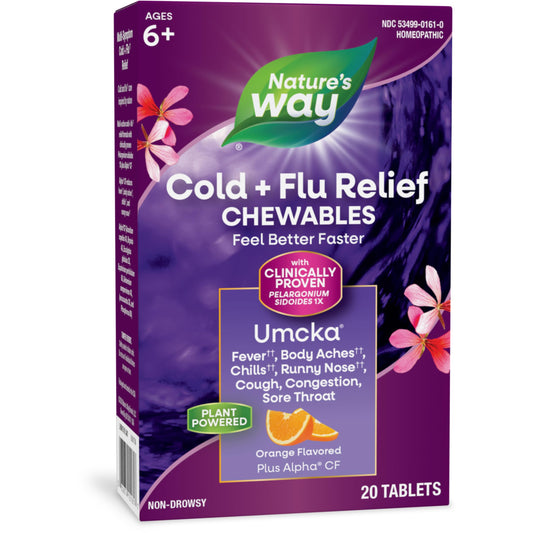 Nature's Way Cold+Flu Relief Chewables, Umcka, Shortens Duration & Reduces Severity, Multi-Symptom Relief, Homeopathic, Non-Drowsy, Orange Flavored, 20 Chewable Tablets (Packaging May Vary)