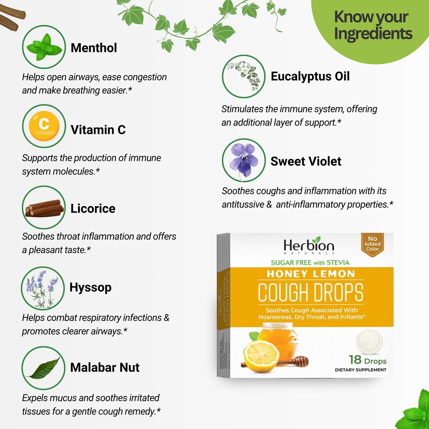 HERBION Naturals Cough Drops, Sugar-Free with Stevia, Dietary Supplement, Soothes Cough, for Adults & Children Over 6 Years, 25 Drops Each (18 Count (Pack of 1), Honey Lemon)