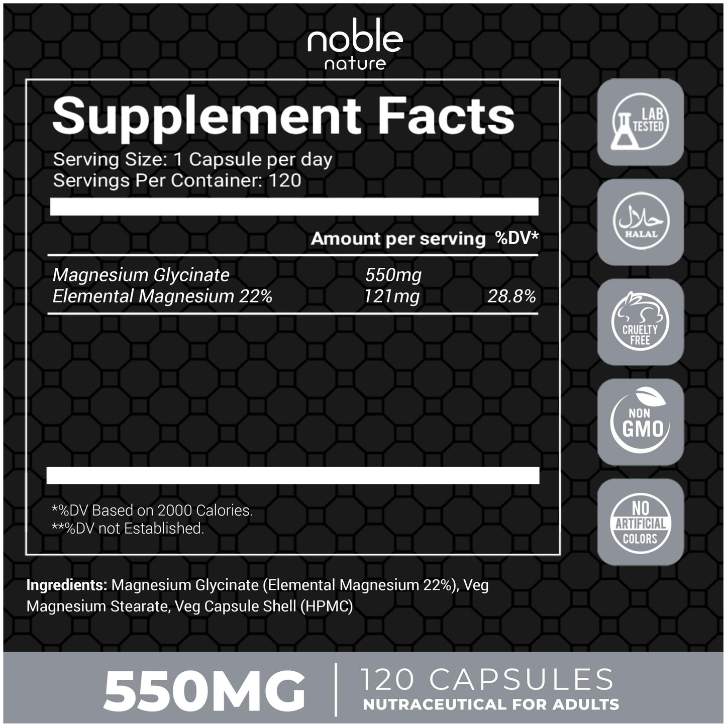 High Absorption Magnesium Glycinate 550mg - 120 Veg Capsules - 4 Months Supply