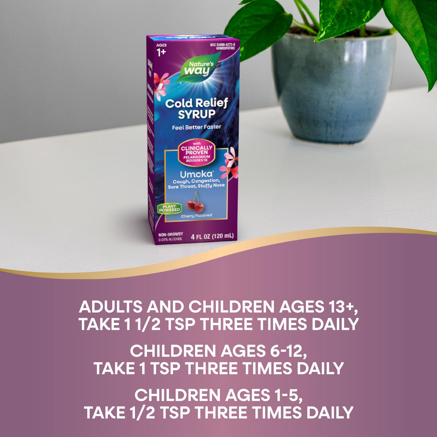Nature's Way Cold Relief Syrup, Umcka, Shortens Duration & Reduces Severity, Multi-Symptom Cold Relief, Homeopathic, Phenylephrine Free, Non-Drowsy, Cherry Flavored, 4 Fl Oz (Packaging May Vary)