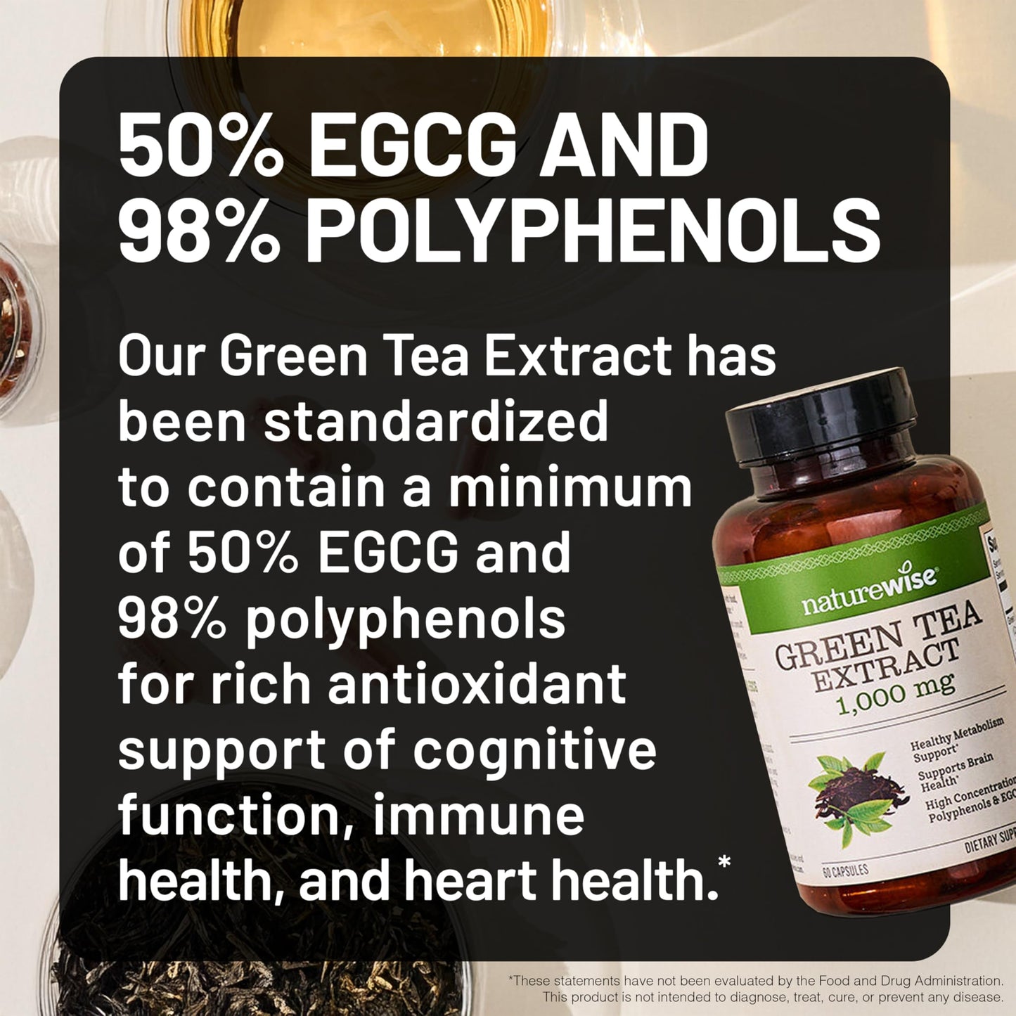 NatureWise Green Tea Extract Capsules 1000 mg - 50% EGCG & 98% Polyphenols - Extra Strength Green Tea Pills - Antioxidants for Heart Health & Energy - Vegan, Non-GMO - 60 Count[30-Day Supply]