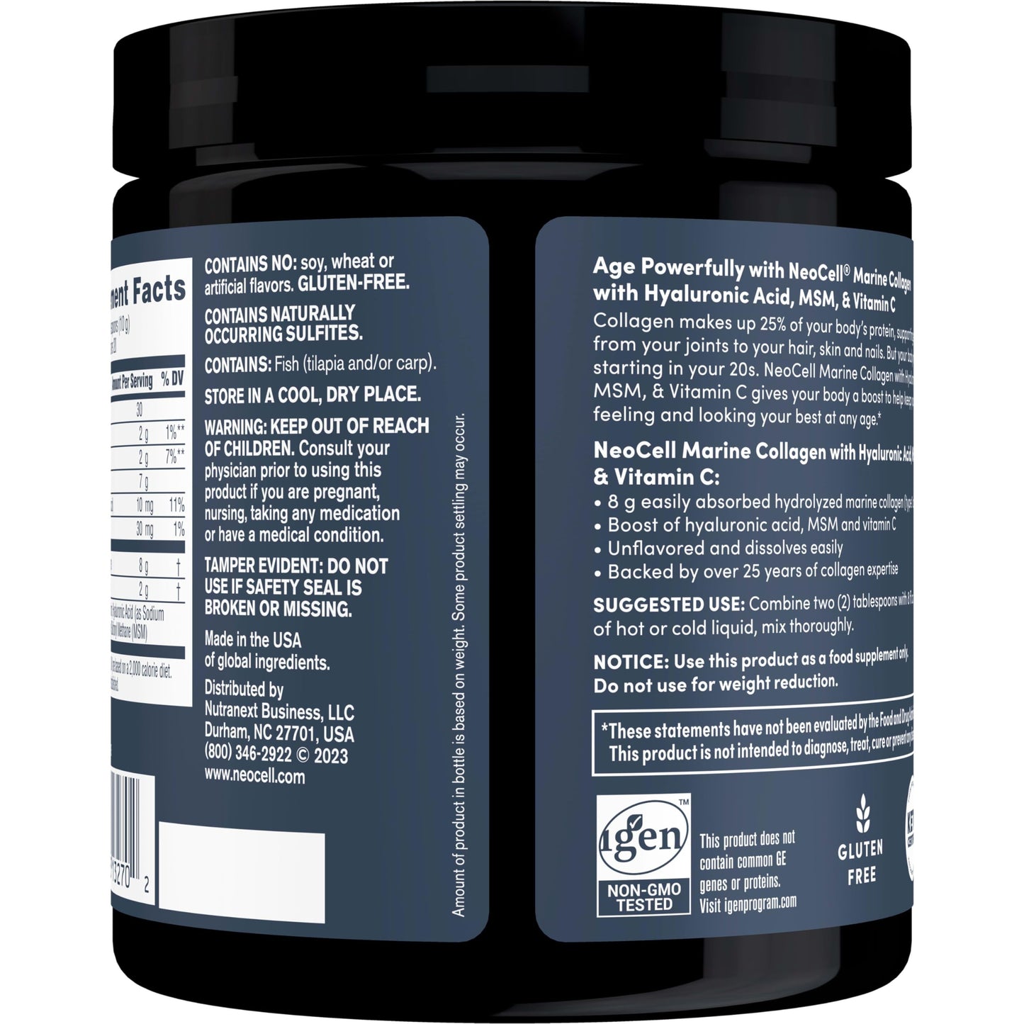 Neocell Marine Collagen with Hyaluronic Acid, MSM and Vitamin C, Keto Collagen Supplements, for Skin Care and Joint Health, Unflavored, Powder, 7 oz, 1 Canister