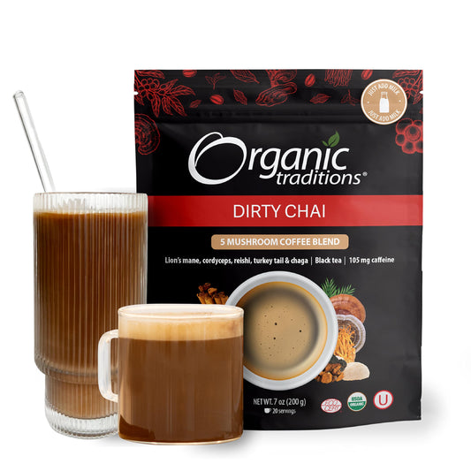 Organic Traditions Dirty Chai Mushroom Coffee Blend, 100% Organic Instant Mushroom Coffee with Chaga, Cordyceps, Reishi, Lion's Mane, Turkey Tail & Black Tea, 105mg of caffeine per cup, 200gr/7oz Bag