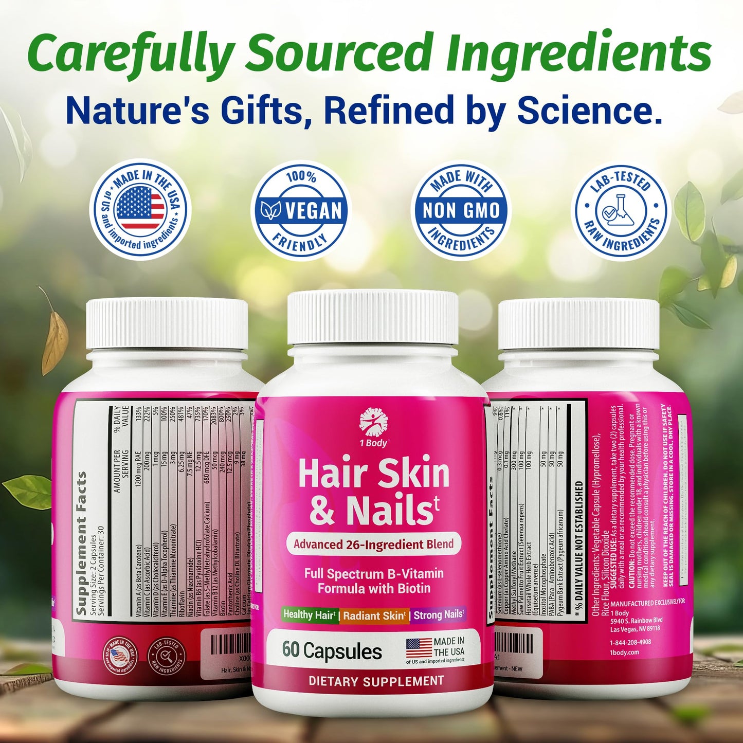 1 Body Hair Skin and Nails Vitamins with Biotin – Contains 26 Vitamins, Minerals and Herb Extracts – Hair and Nail Growth, Glowing Skin Supplements Formula for Men and Women – 60 Vegan Capsules