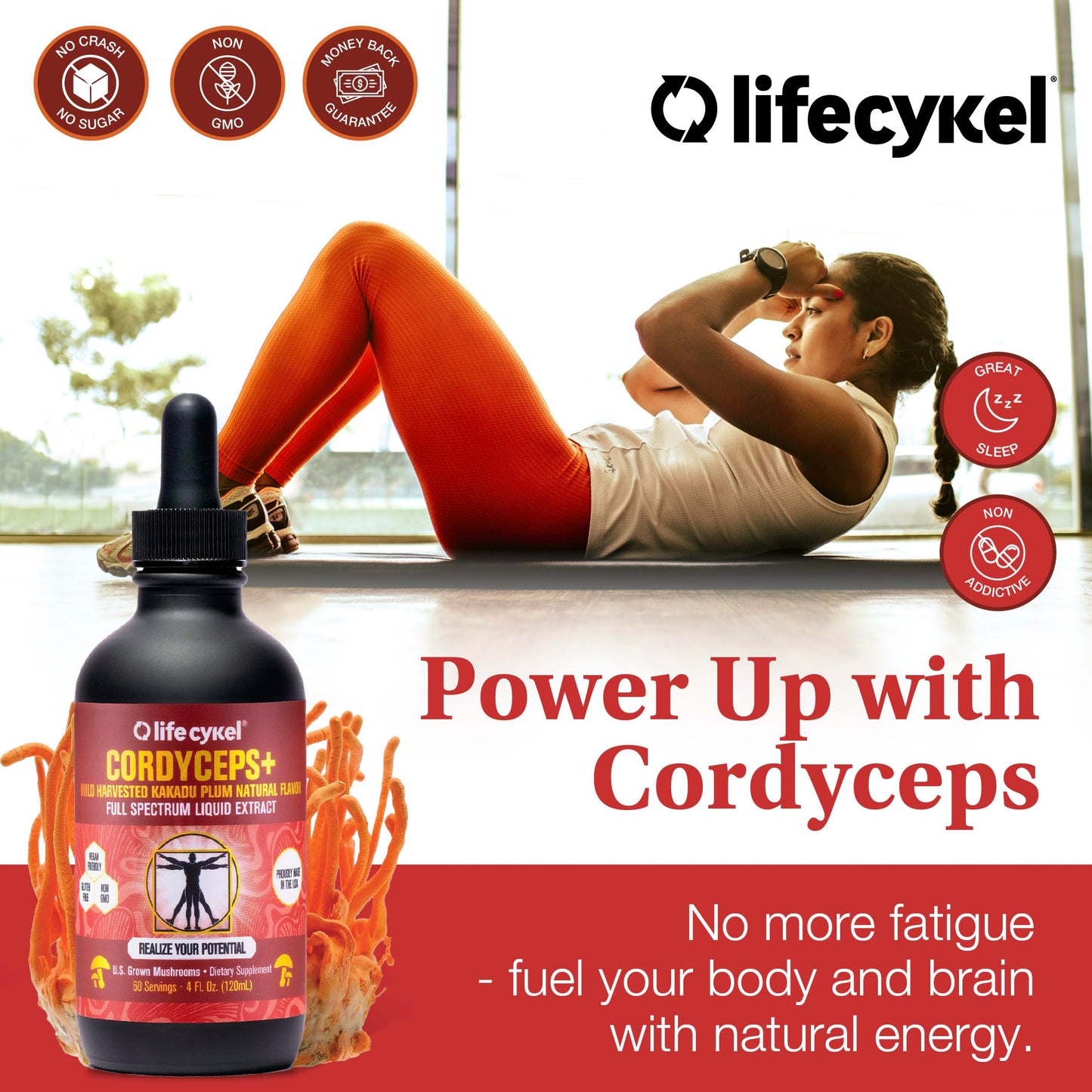 Lifecykel Cordyceps Mushroom Extract with Kakadu Plum - Energy, Stamina & Vitality Support, Natural Aging Supplement - Non-GMO and Vegan Tincture - 1Fl Oz