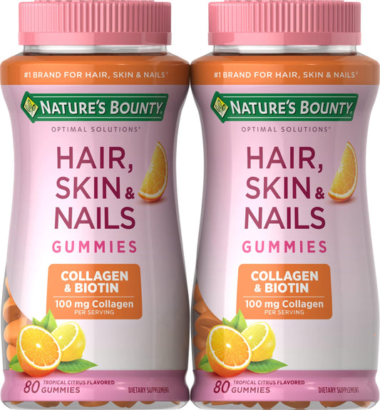 Nature's Bounty Hair, Skin & Nails with Biotin and Collagen, Citrus-Flavored Gummies Vitamin Supplement, Supports Hair, Skin, and Nail Health for Women, 2500 mcg, 80 Ct (2 pack), 80 total servings