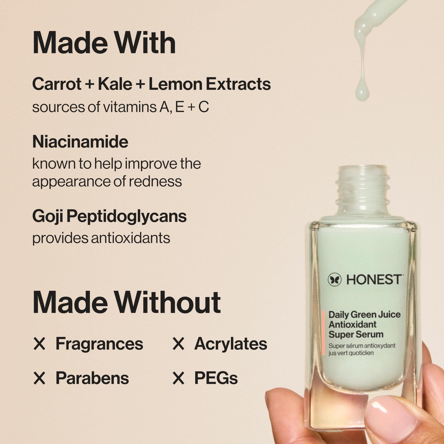 Honest Beauty Daily Green Juice Antioxidant Super Serum | Improves Skin Tone + Texture | Gentle for Sensitive Skin, Fragrance Free, Vegan | 1 fl oz