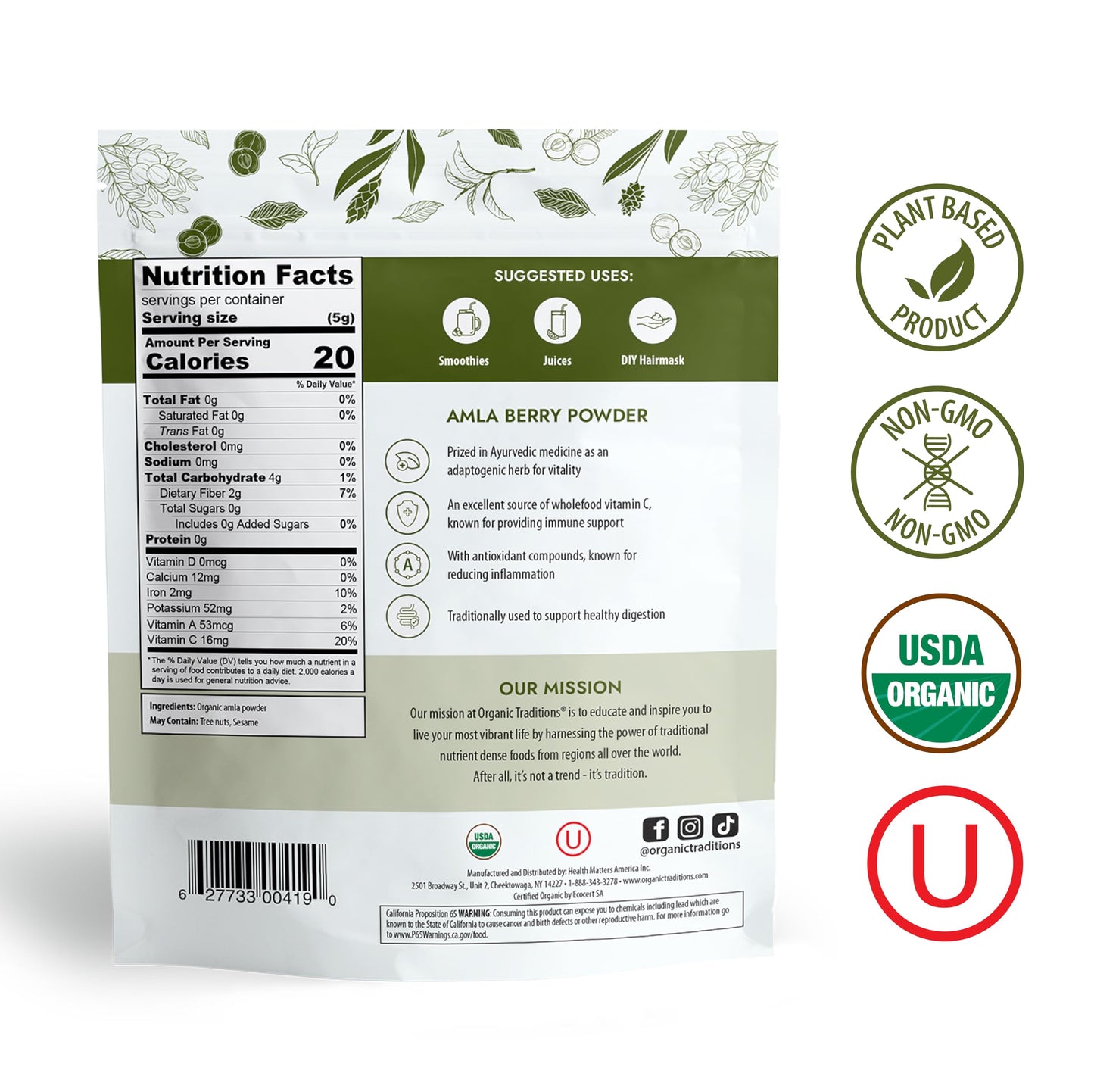 Organic Traditions Organic Amla Berry Powder, Powdered Amla Indian Gooseberry, Non-GMO Organic Powdered Fruit Superfood, 7oz (200g) Bag