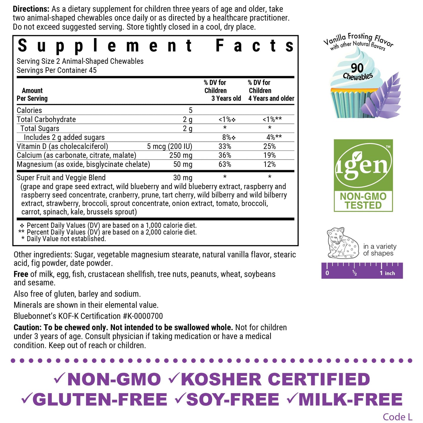 Pre-Order | Arrives in 5–10 Days – BlueBonnet Super Earth Rainforest Animalz Calcium Magnesium And Vitamin D3 Chews, Natural Vanilla Frosting, White, 90 Count