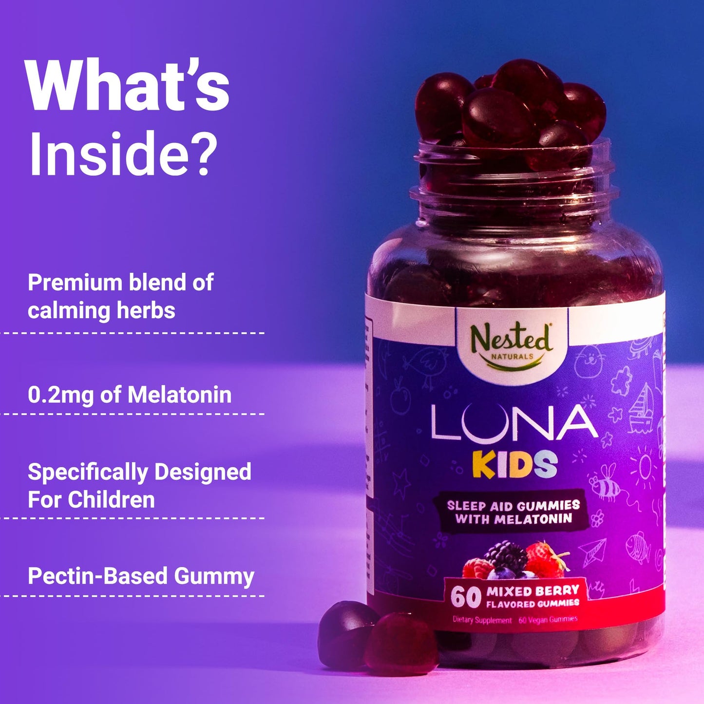 Nested Naturals Luna Kids Sleep Gummies - Non-Habit Forming Kids Melatonin Gummy with Valerian Root, Chamomile, and Lemon Balm - Children's Melatonin Sleep Aid - Mixed Berry, 60 Vegan Gummies