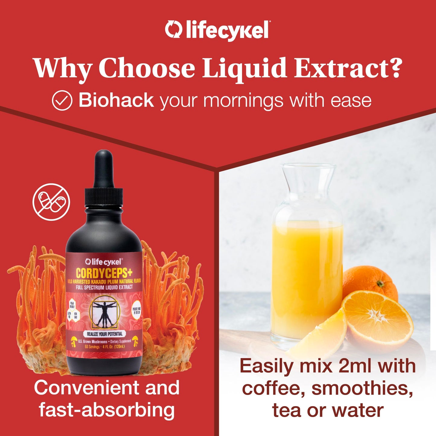 Lifecykel Cordyceps Mushroom Extract with Kakadu Plum - Energy, Stamina & Vitality Support, Natural Aging Supplement - Non-GMO and Vegan Tincture - 1Fl Oz
