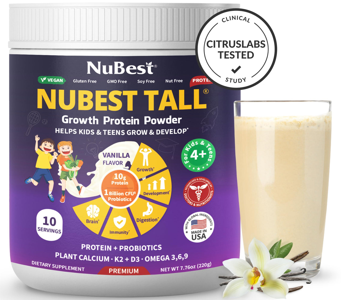 NuBest Protein Powder - Vanilla Plant Based Protein - Vegan Protein Powder for Kids & Teens - Healthy & Immunity with Probiotics, Omega 3-6-9, Vitamin D3 + K2, Calcium & Vitamins - 10 Servings