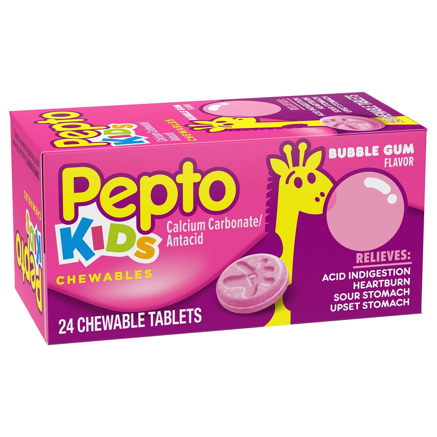 Pepto Bismol Kids Bubblegum Flavor Chewable Tablets for Heartburn,Acid Indigestion,Sour Stomach,and Upset Stomach for Children 24 ct