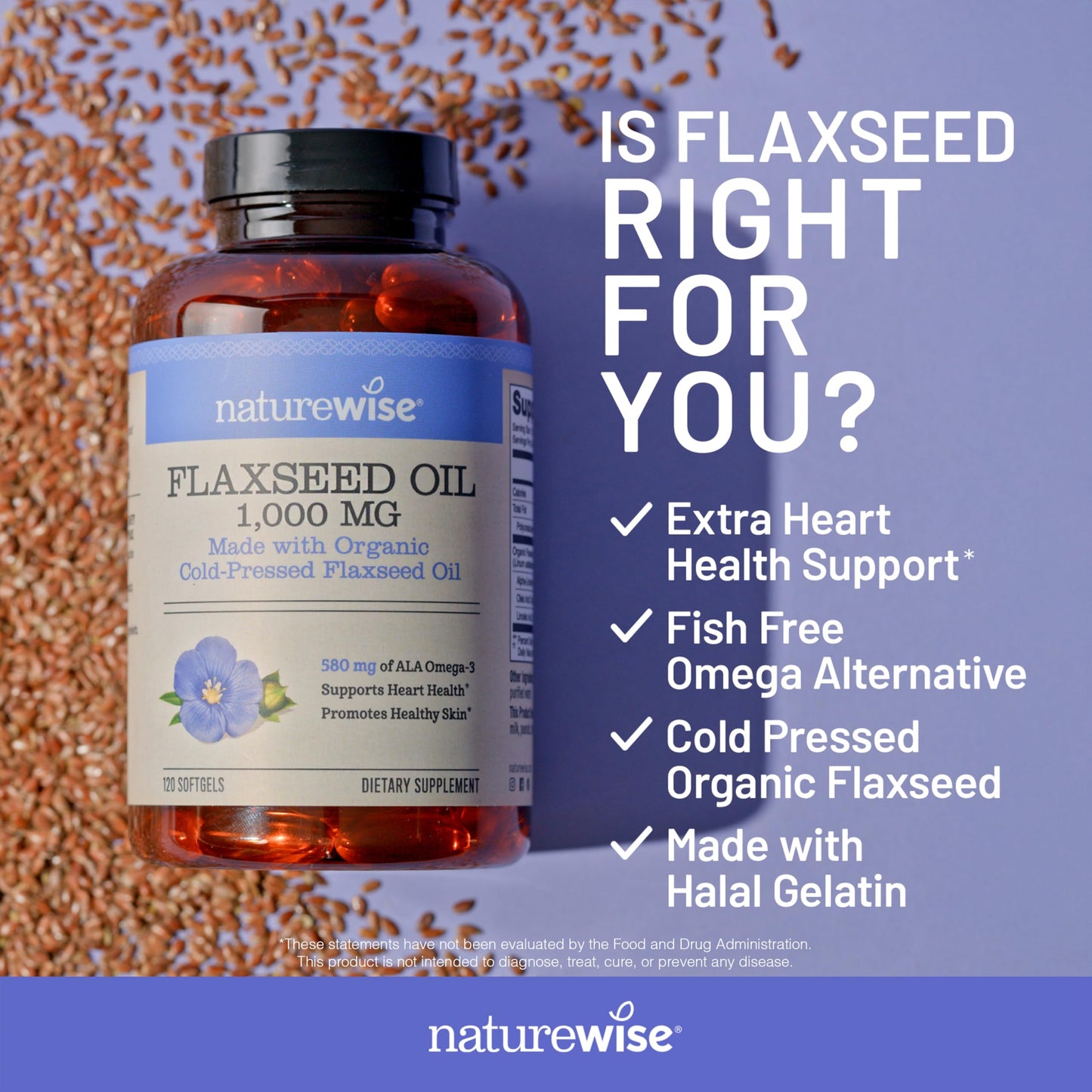 NatureWise Flaxseed Oil 1000 mg, Fish Free Omega 3 with 580 mg ALA, Dietary Supplement for Immune Health Support - Organic, Cold Pressed, Non-GMO - 120 Softgels[120-Day Supply]
