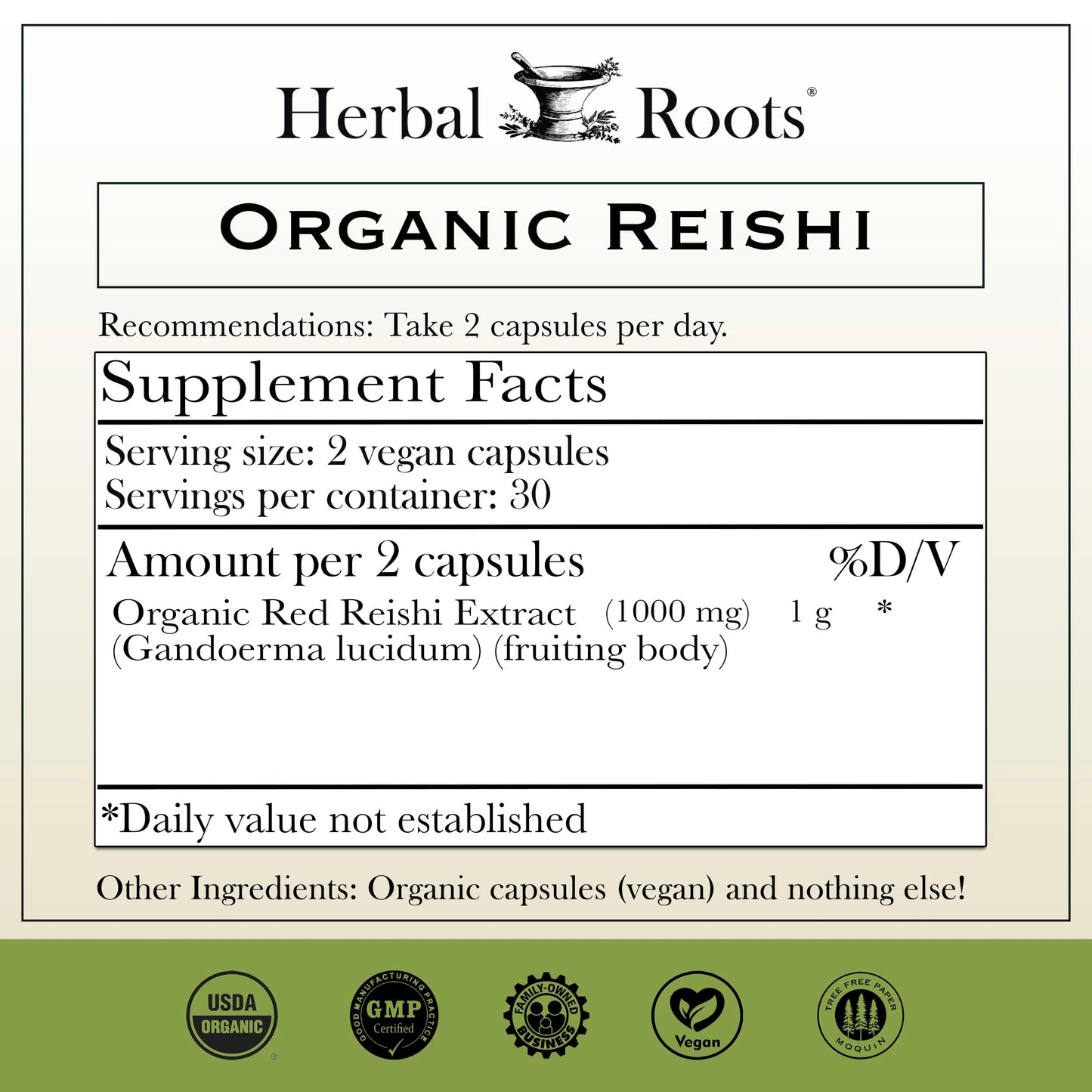Herbal Roots Organic Reishi Capsules - Made with Fruiting Bodies - Support Energy, Vitality, Immune & Heart Health - 60 Vegan Capsules