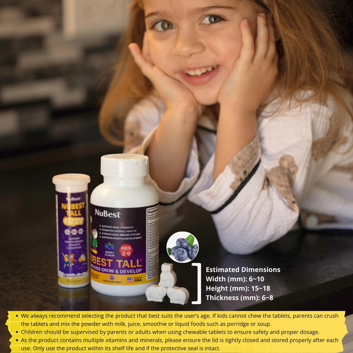 NuBest Tall Kids - Multivitamins & Minerals for Age 2 to 9 - Bone Strength & Immunity Support - Helps Kids, Toddlers Healthy - Animal Shapes - 60 Chewable Berry Tablets | 1 Month Supply