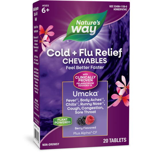 Nature's Way Cold+Flu Relief, Umcka, Shortens Duration and Reduces Severity, Multi-Symptom Relief, Homeopathic, Phenylephrine Free, Non-Drowsy, Berry Flavored, 20 Chewable Tablets (Packaging May Vary)