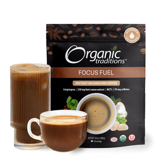 Organic Traditions Focus Fuel Mushroom Coffee – Organic Instant Mushroom Coffee with Lion’s Mane, Adaptogens, MCTs & Coconut Milk Powder – Supports Focus, Memory & Creativity (20 Servings) 280g/10oz