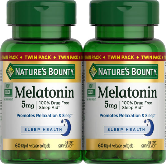 Nature's Bounty Melatonin 5mg, 100% Drug Free Sleep Aid, Dietary Supplement for Relaxation and Sleep Health - 4 Month Supply, 60 Rapid Release Softgels Twin Pack (120ct)