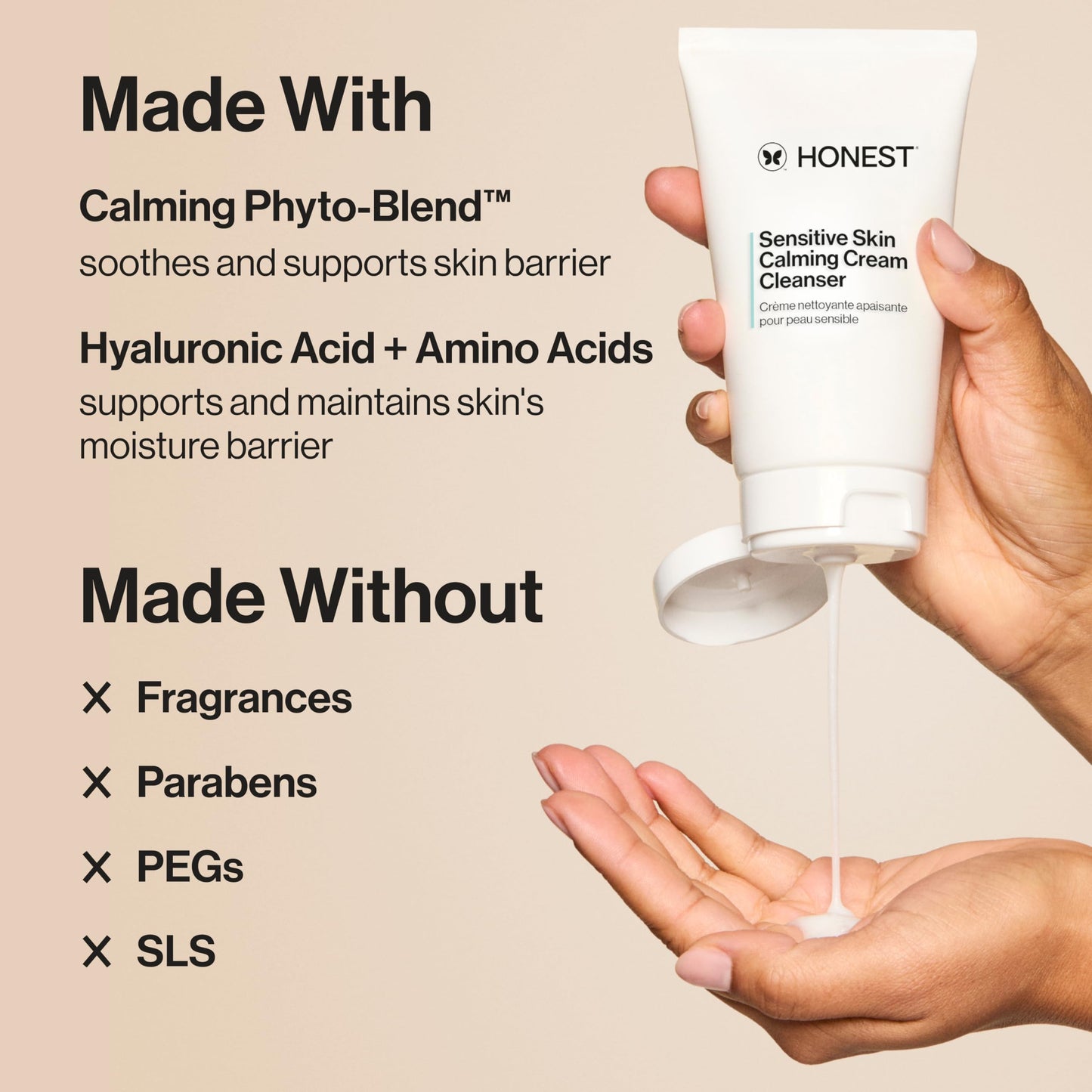 Honest Beauty Sensitive Skin Calming Cream Cleanser | Gently Cleanses, Hydrates, + Calms Skin | Hypoallergenic, Fragrance Free, Vegan | 4 fl oz