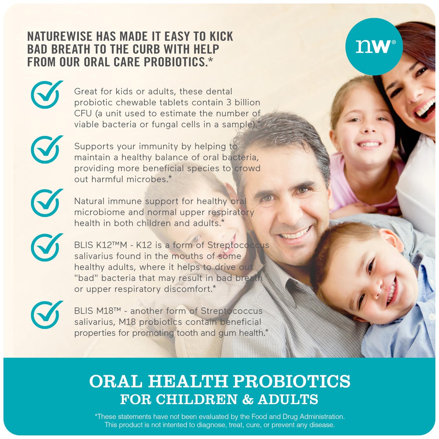 NatureWise Oral Probiotics for Teeth and Gums + Fresh Breath* - Chewable Sugar-Free Mint Tablet - Lactobacillus reuteri Chewable - Oral Health Probiotics For Kids & Adults - 50 Count[50-Day Supply]