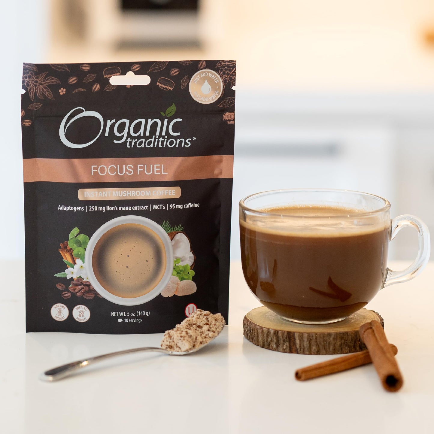 Organic Traditions Focus Fuel Mushroom Coffee – Organic Instant Mushroom Coffee with Lion’s Mane, Adaptogens, MCTs & Coconut Milk Powder – Supports Focus, Memory & Creativity (20 Servings) 280g/10oz