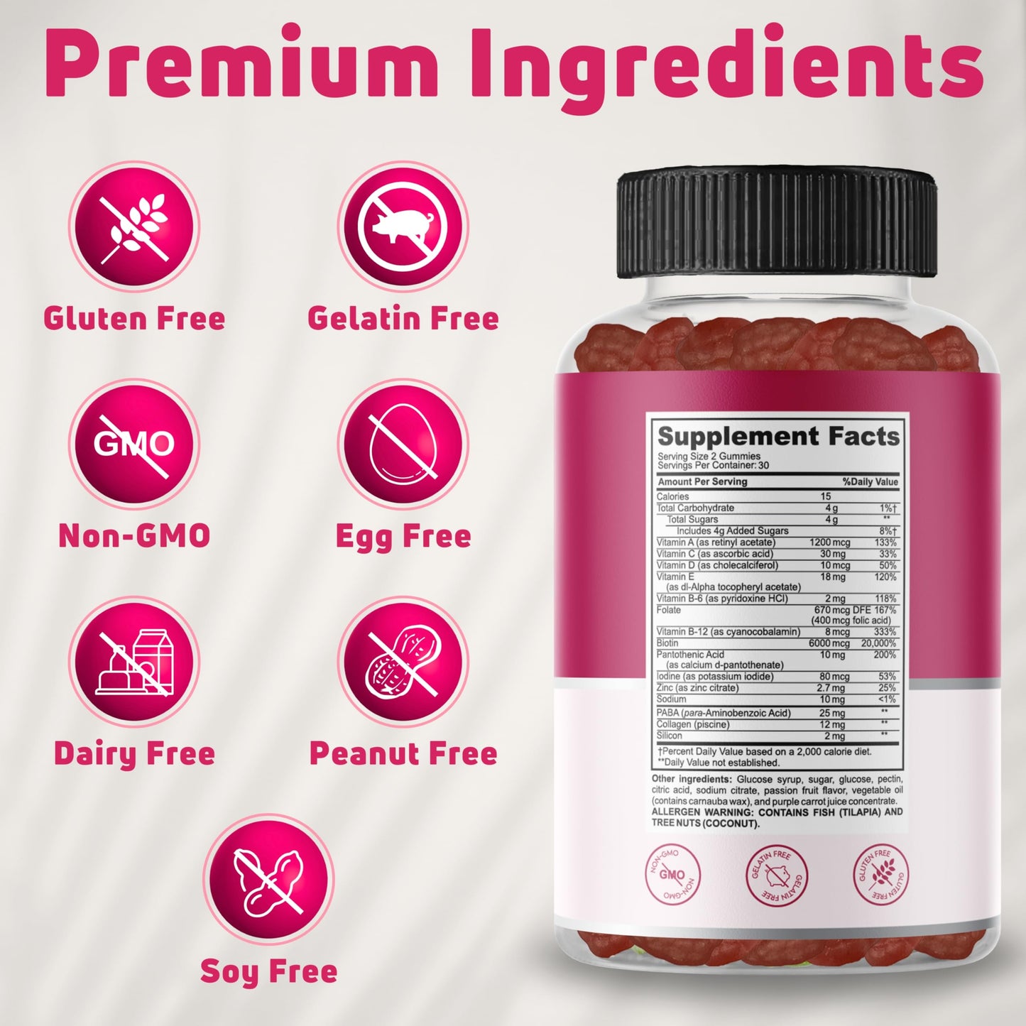 NUELATION Hair Skin and Nails Gummies with Biotin (6000mcg), Collagen & PABA - Hair, Skin, and Nails Vitamins for Women and Men - Supports Hair Growth, Stronger Nails, Healthy Skin - 30 Servings