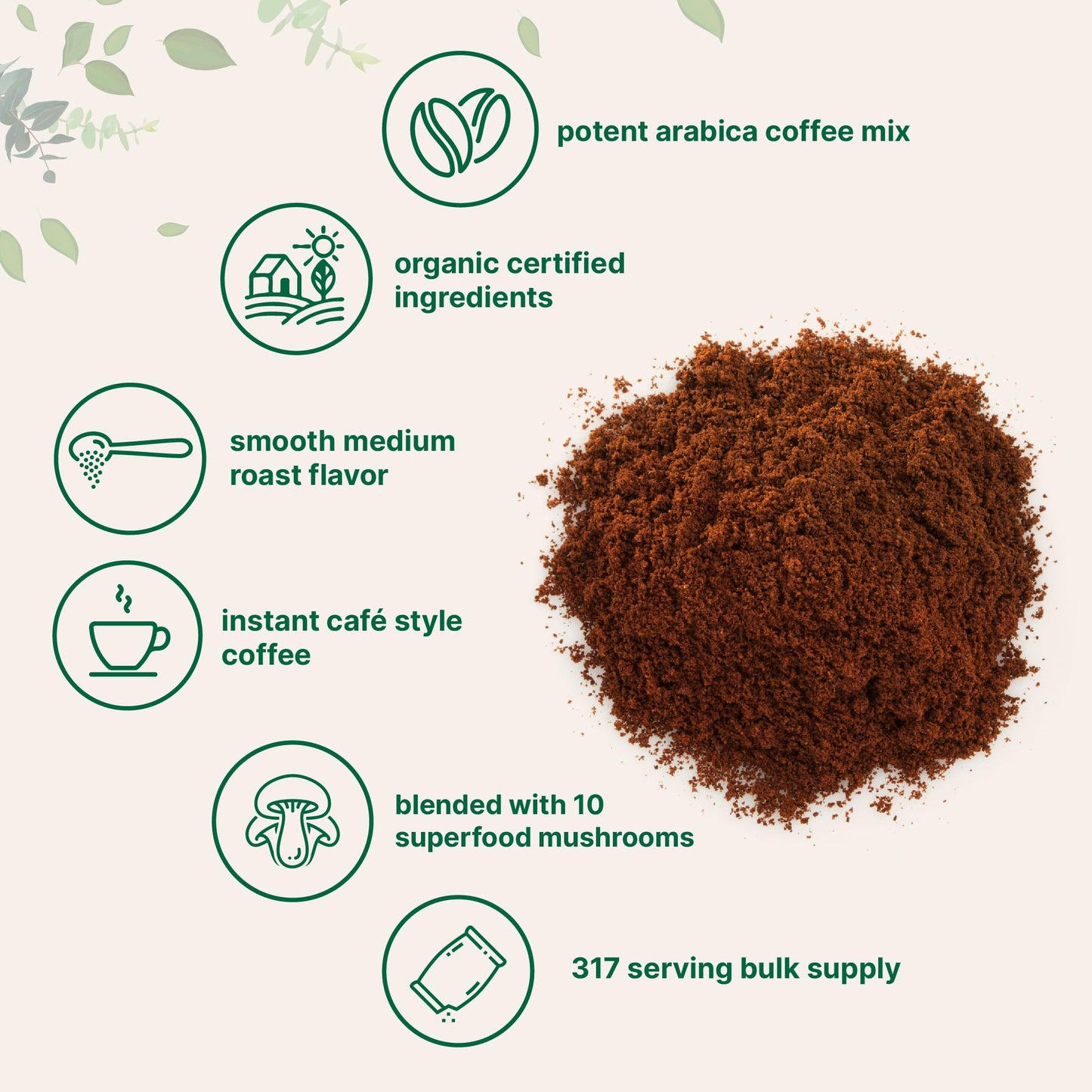 Pre-Order | Arrives in 5–10 Days – Organic Instant 10 in 1 Mushroom Coffee Powder, 28 Ounce (317 Servings) | Weight & Immune Support | Premium Arabica Coffee with Lion’s Mane, Chaga, Reishi,& More