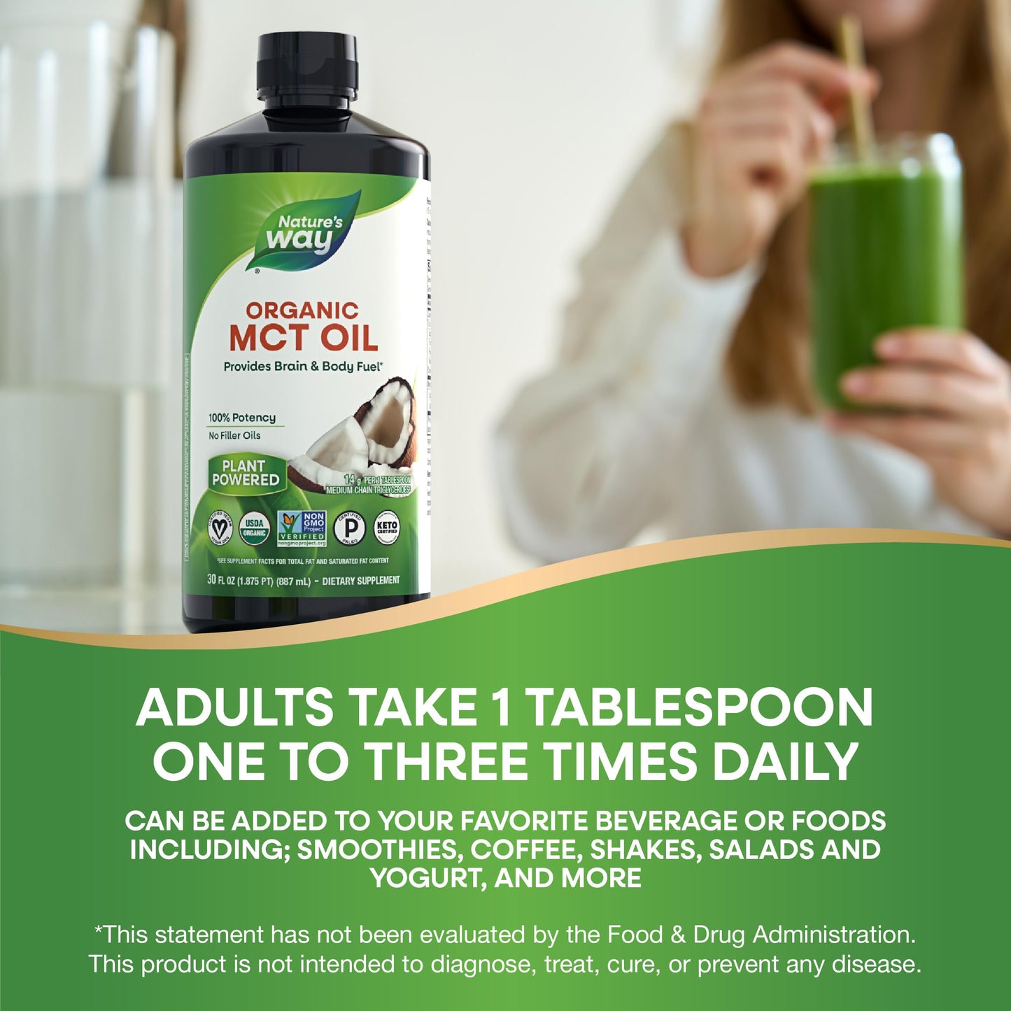 Nature's Way Organic MCT Oil, 30 Fl Oz, Brain and Body Fuel from Coconuts*, C8 Caprylic Acid and C10 Capric Acid, Keto and Paleo Certified, Organic, Non-GMO Project Verified