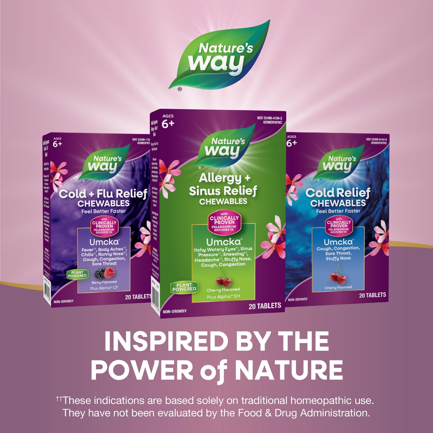 Nature's Way Allergy+Sinus Relief Chewables, Umcka, Sneezing*, Runny Nose*, Headache*, Cough, Congestion, No Phenylephrine, Non-Drowsy, Cherry Flavored, 20 Chewable Tablets (Packaging May Vary)