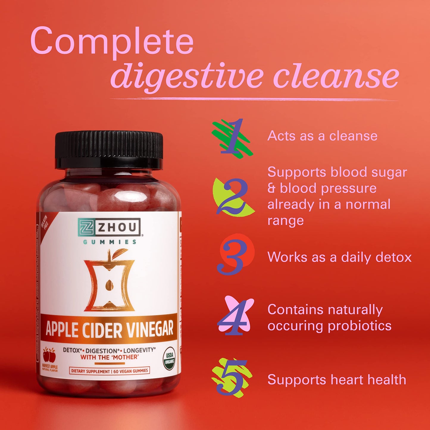 Zhou Apple Cider Vinegar Gummies - ACV Gummies for Women and Men with Elderberry, Delicious Taste with Raw Cane Sugar, USDA Organic - 60 Vegan Gummies
