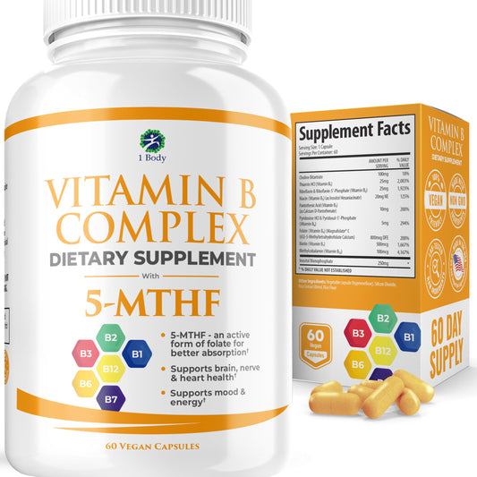 1 Body Vitamin B Complex – Methylated B12, 5-MTHF Folate, High Potency B Vitamins for Energy, Stress, Brain & Heart Support, Vegan, 60 Capsules