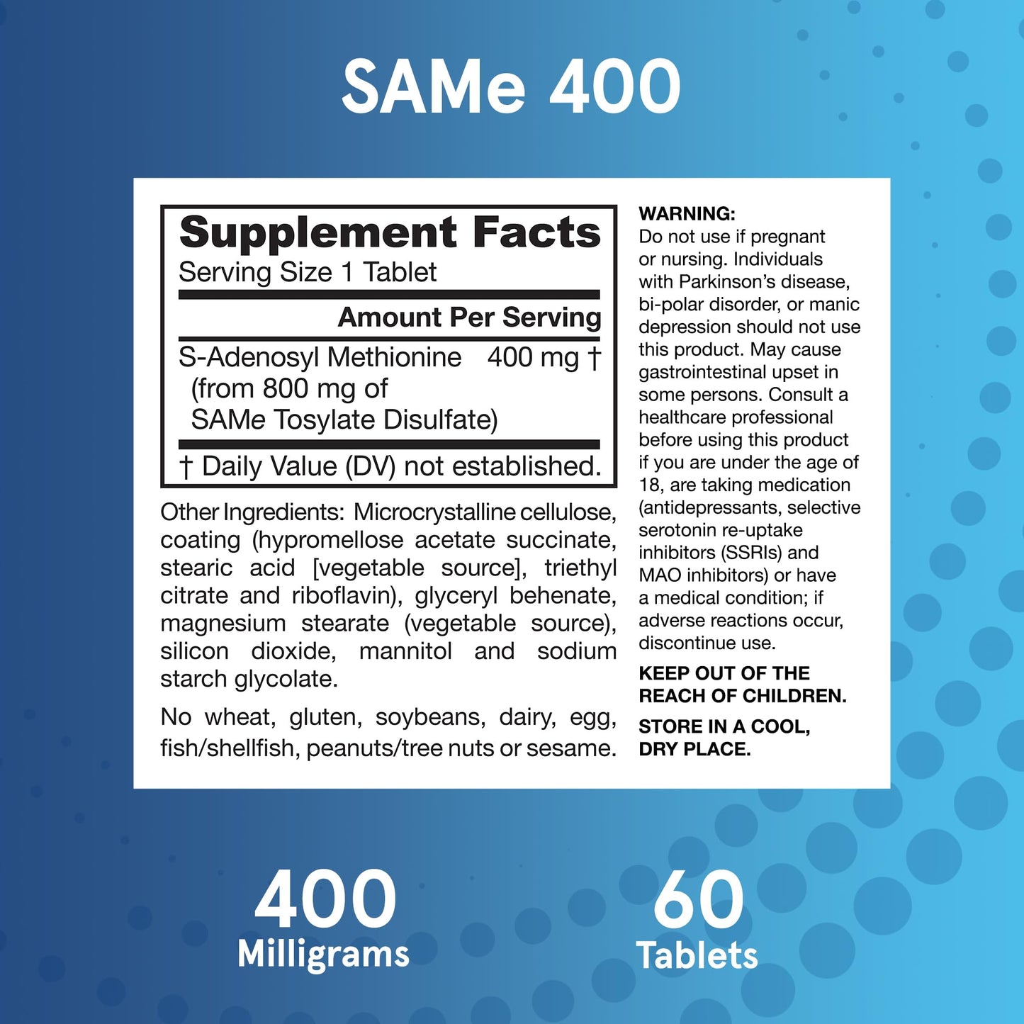 Pre-Order | Arrives in 5–10 Days – Jarrow Formulas SAMe 400 mg, Supports Joint Health, Liver Function, Brain Metabolism, 60 Tablets, Up To a 60 Day Supply