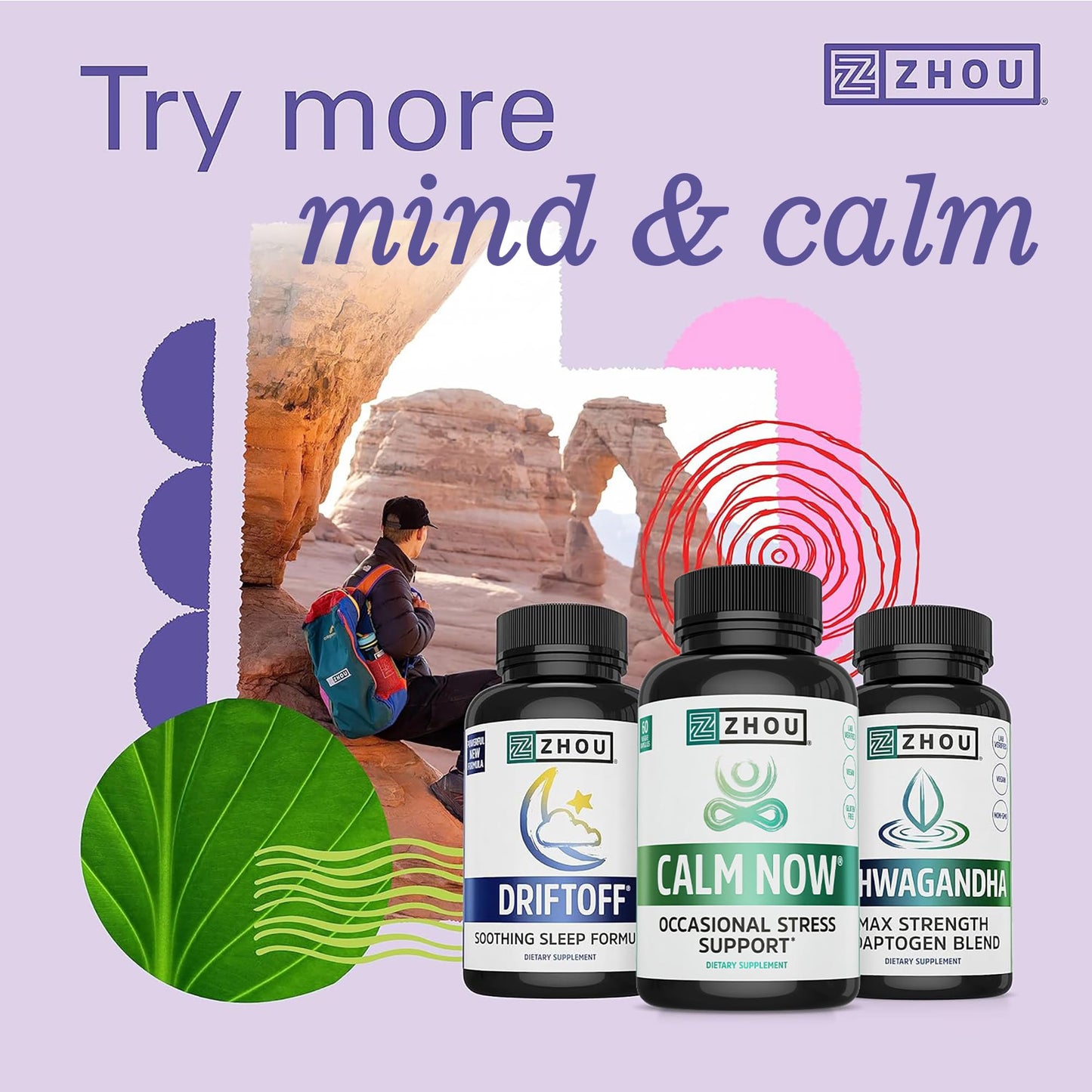 Zhou Calm Now - Calm Supplement, Calm Vitamins for Women & Men, Pills to Relax for Adults with GABA & Ashwagandha, Stress & Focus Support - 60 Veggie Capsules